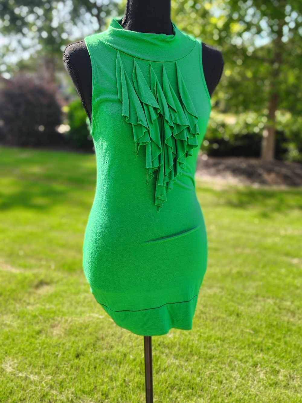 Green Sleeveless Ruffle-Front Knit Top